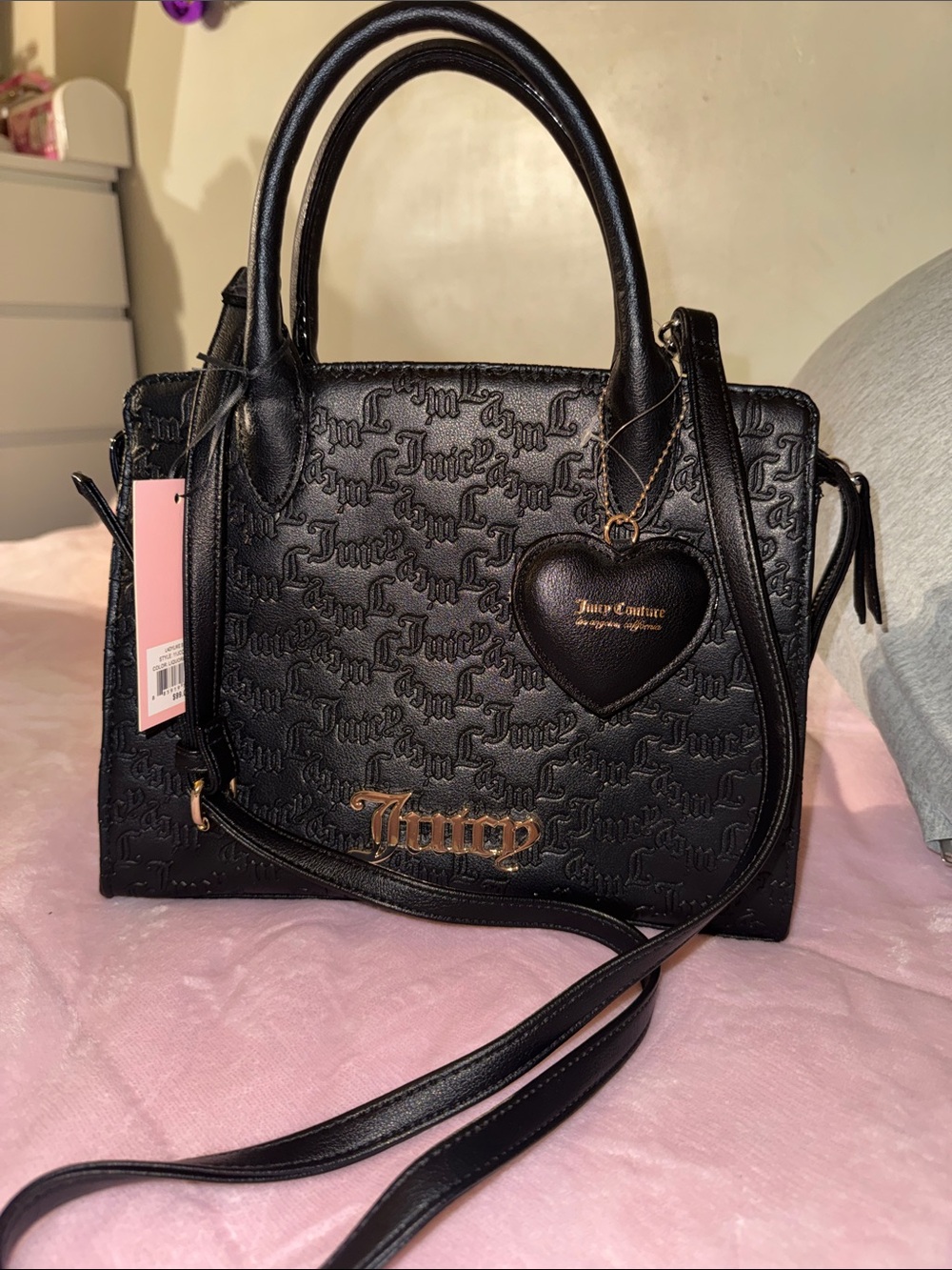 Juicy Couture Black Embossed Satchel with Heart Charm
